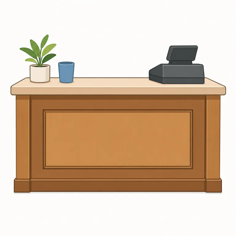 counter（カウンター・名詞）の覚え方イラスト — counter は、店・銀行・バー・キッチンなどで、人が向かい合って注文、支払い、受け渡し、作業をする細長い台を表します