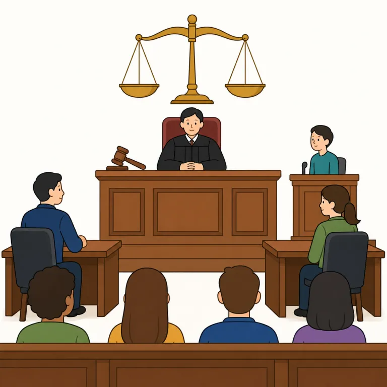 court（裁判所、法廷・名詞）の覚え方イラスト — この court は、法律上の争いを扱う「裁判所、法廷」という意味です