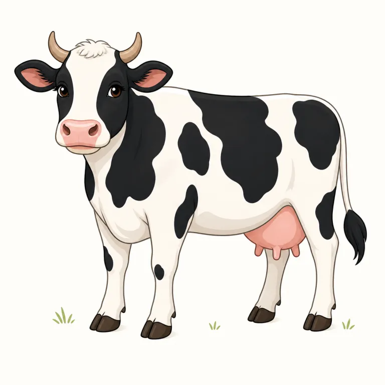 cow（牛・名詞）の覚え方イラスト — cow はまず、牧場にいる「モーと鳴く牛」の姿で覚えると定着します