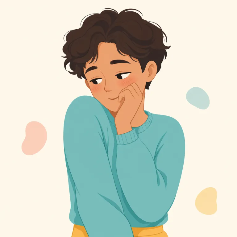 coy（内気な・形容詞）の覚え方イラスト — coy は単に quiet（静かな）なのではなく、恥ずかしそうに振る舞い、自分の気持ちを控えめに隠す「内気な」様子