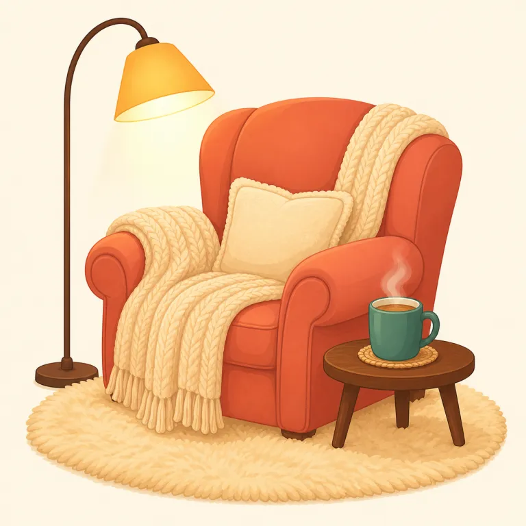coziness（居心地の良さ・名詞）の覚え方イラスト — このエントリでは、coziness を単なる「快適さ」ではなく、空間や雰囲気が人を安心させ、そこにいたくなる「居心地の良さ」として覚えます