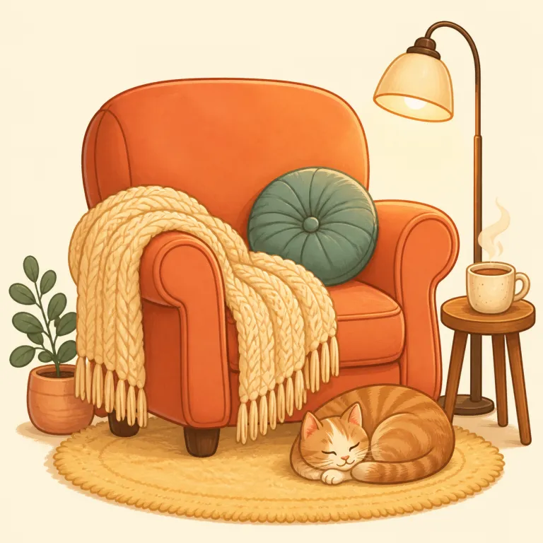 cozy（居心地の良い・形容詞）の覚え方イラスト — cozy は comfortable よりも、暖かさ・小ぢんまりした親密さ・安心感を含む「居心地の良い」