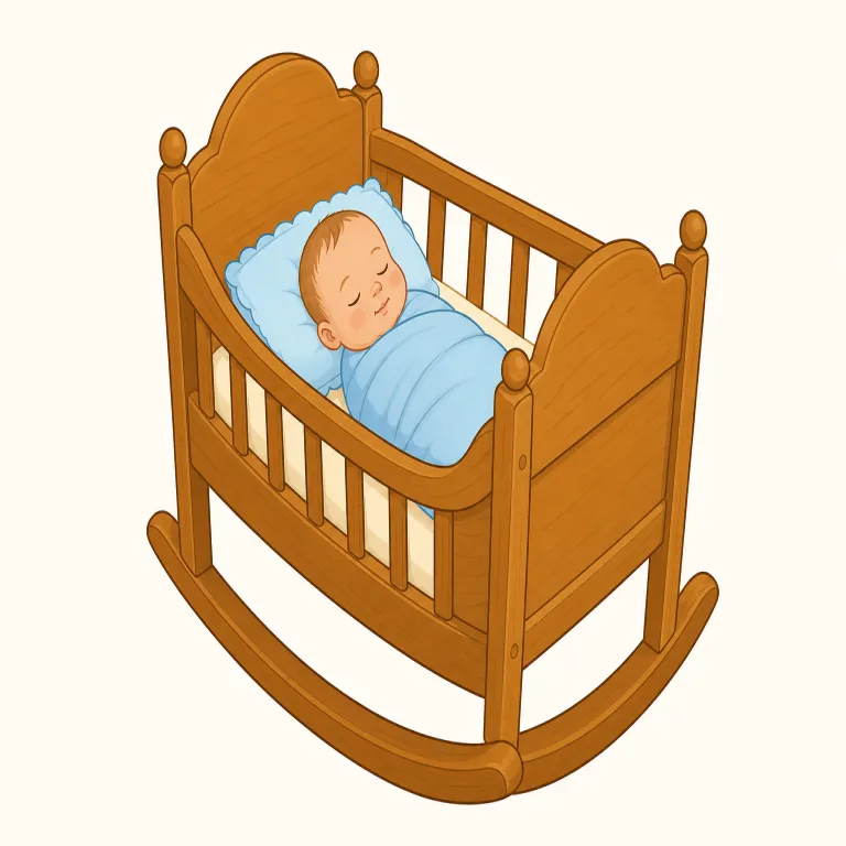 cradle（揺りかご・名詞）の覚え方イラスト — 赤ちゃんが小さなベッドの中で、ゆらゆら揺られて眠る場面を思い浮かべましょう
