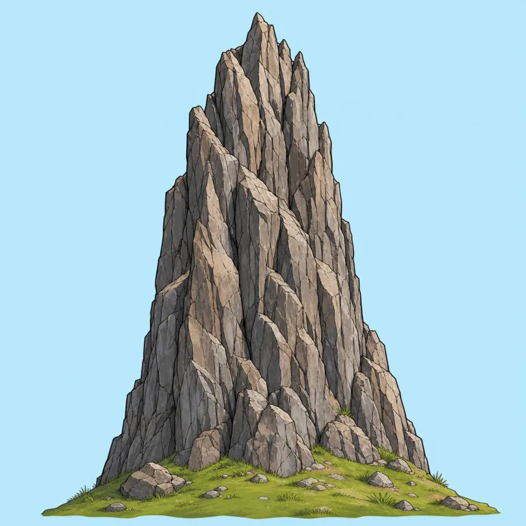 crag（岩山・名詞）の覚え方イラスト — crag は、滑らかな hill ではなく、切り立った岩肌を持つ険しい岩山を表す
