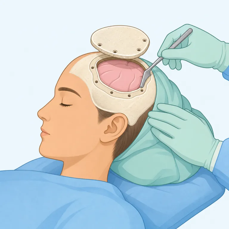 craniotomy（開頭術・名詞）の覚え方イラスト — `cranio-` は `cranium`（頭蓋骨）を思い出せれば十分で、`-tomy` は医療英語で「切って開く」仲間の形