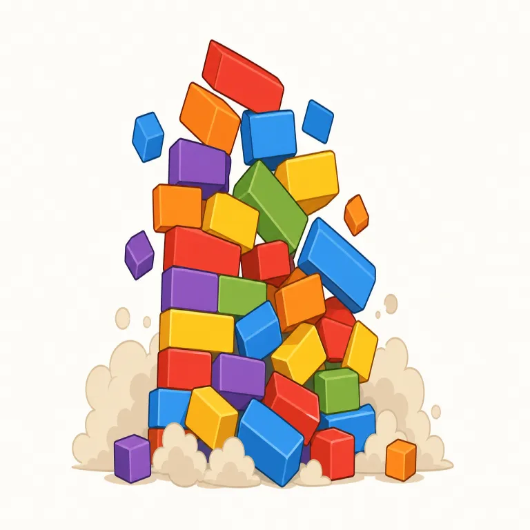 crash down（崩れ落ちる・句動詞）の覚え方イラスト — この「崩れ落ちる」は、単に物が音を立てて落下する基本義とは別に、構造物・雰囲気・自信・計画などが一気に壊れる感覚を表す用法です