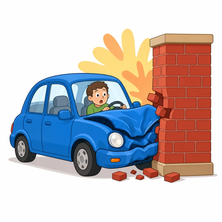 crash into（激突する・句動詞）の覚え方イラスト — crash は単独でも「激しくぶつかる・大破する」で、まず強い衝撃音や事故の感じを持つ語だと押さえる