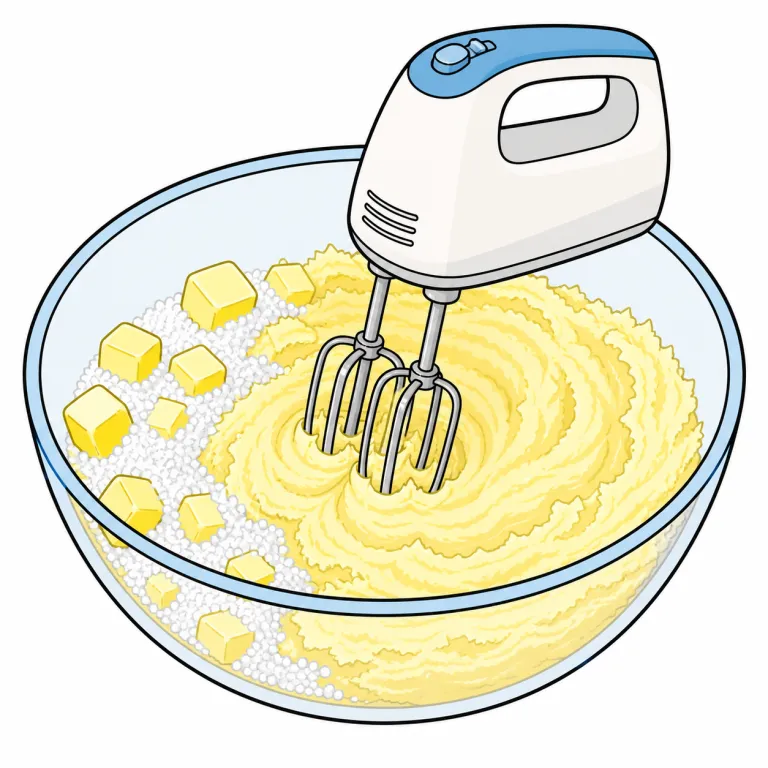 creaming（バターと砂糖をクリーム状に混ぜる工程・noun）の覚え方イラスト