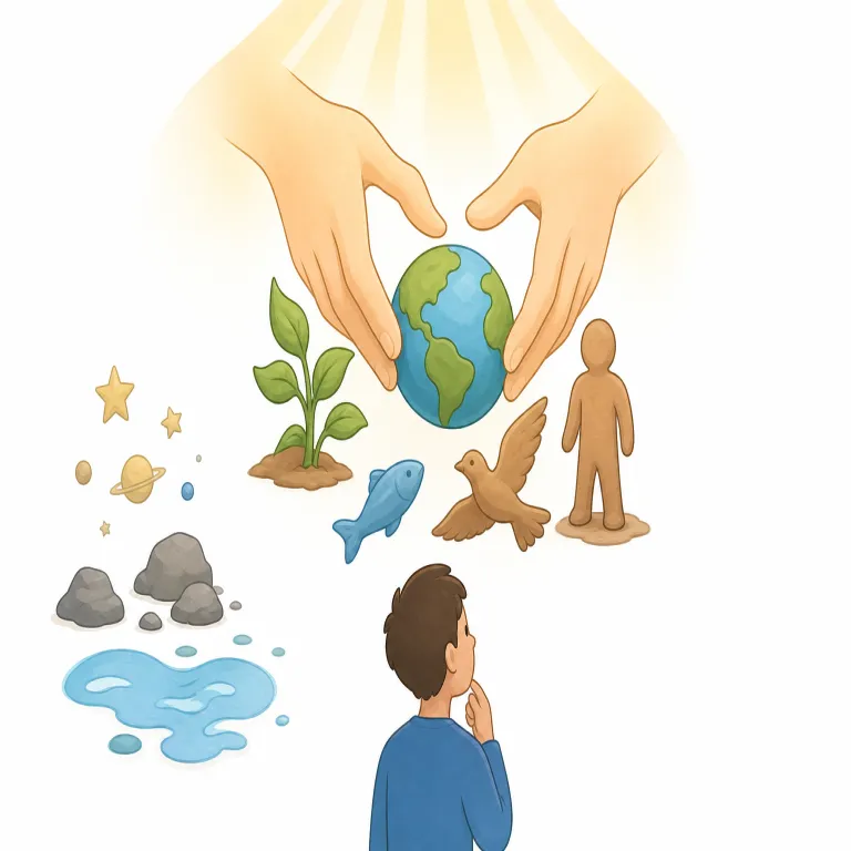 creationism（創造論・名詞）の覚え方イラスト — create「作る」, creator「創造主」, creation「創造」と同じ語族だと押さえると記憶しやすいです