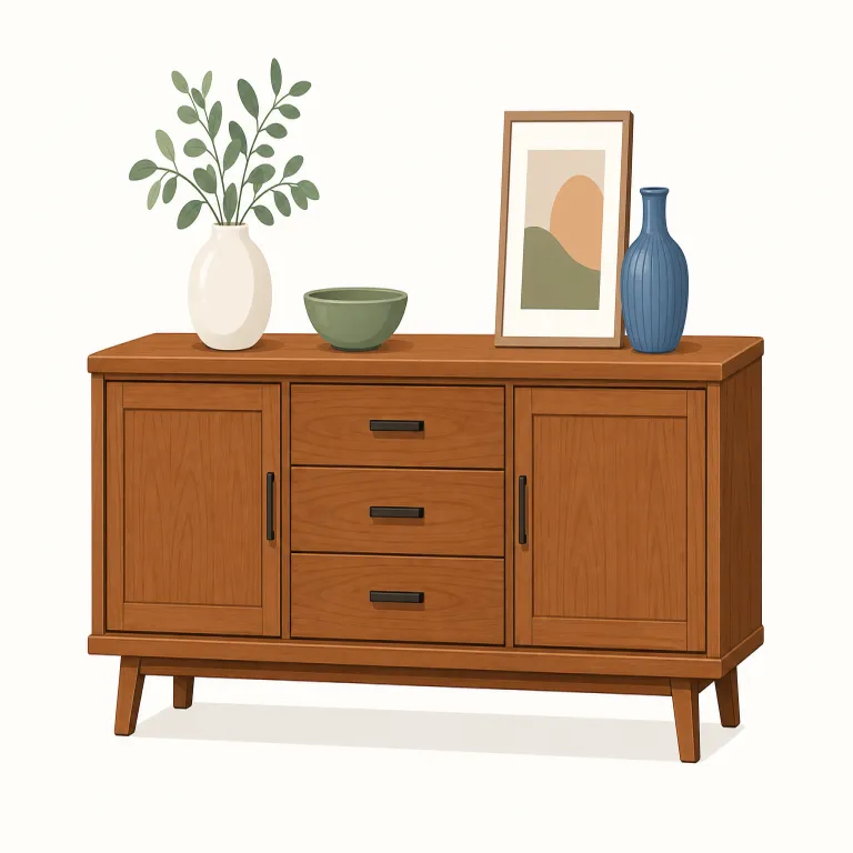 credenza（飾り棚・名詞）の覚え方イラスト — 「office credenza」「a credenza behind the desk」で覚えると定着しやすい語