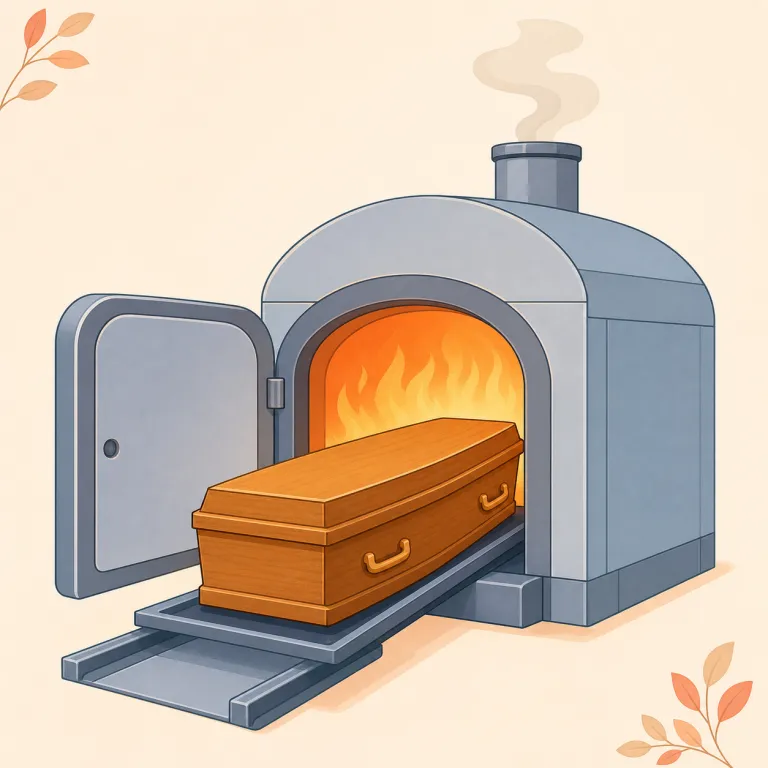 cremate（火葬する・動詞）の覚え方イラスト — まず cremation（火葬）を知っていると、cremate は「火葬を行う」という動詞だとつながる