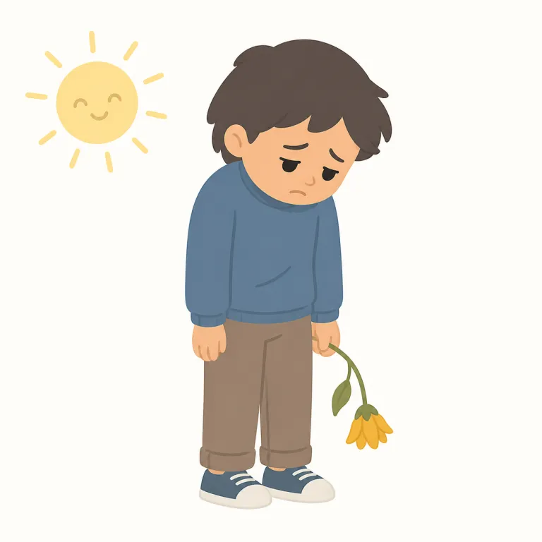 crestfallen（意気消沈した・形容詞）の覚え方イラスト — fallen が見えたら、まず「気分が下がった」を連想すると覚えやすい語です