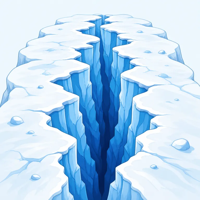 crevasse（氷河の割れ目・名詞）の覚え方イラスト — crevasse は、より身近な crevice「小さな割れ目」と形も意味も近い語です