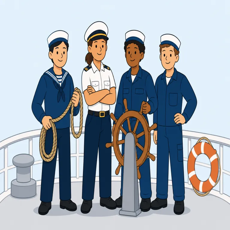 crew（乗組員・名詞）の覚え方イラスト — crew は船や飛行機などを運航する側の「乗組員」を表すときによく使います
