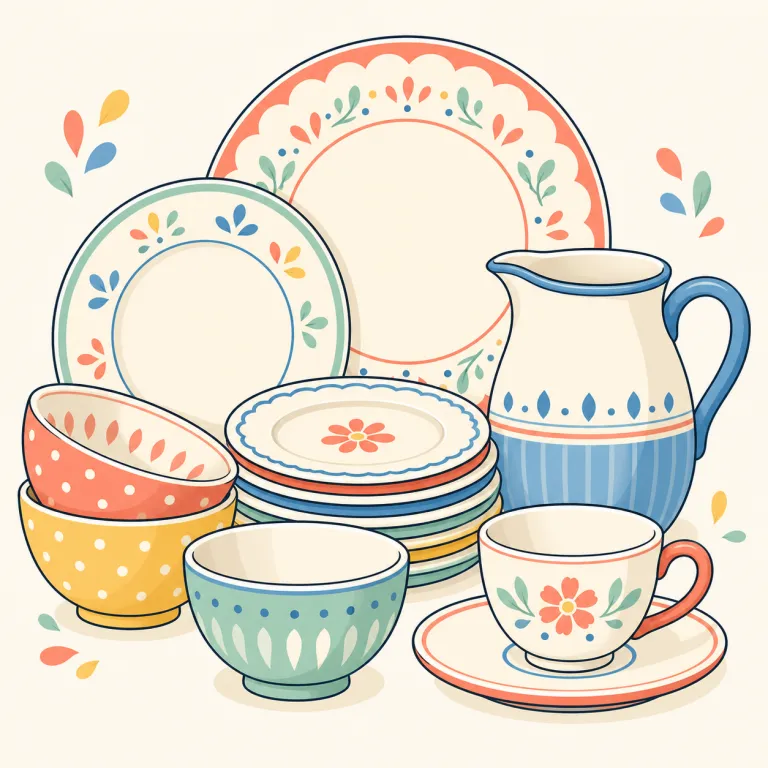 crockery（食器類・名詞）の覚え方イラスト — dish, plate, cup が1点ずつの物を指すのに対し、crockery はそれらをまとめて「食器類」と見る語
