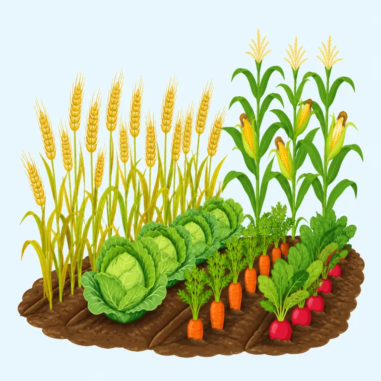 crop（作物・名詞）の覚え方イラスト — crop は「自然に生えた植物」ではなく、人が育てて利用する農業上の産物として覚えると区別しやすいです