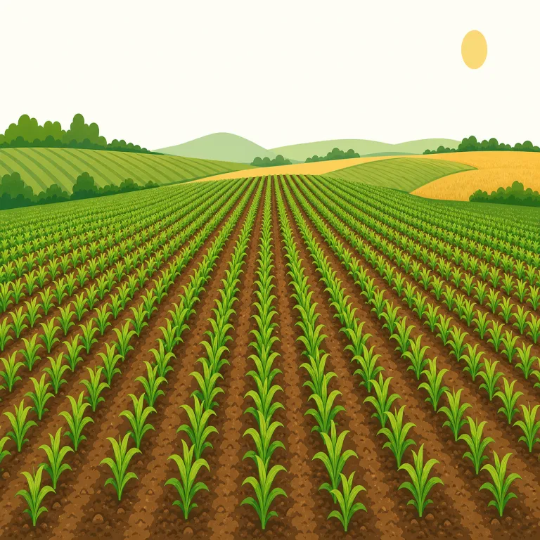 cropland（農地・名詞）の覚え方イラスト — crop（土地で育てて収穫する作物）＋land（土地）で、「作物を作る土地」とそのまま分けると定着しやすい