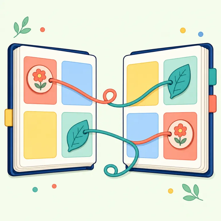 cross-reference（相互参照・名詞）の覚え方イラスト — cross「横切る」とreference「参照」を組み合わせ、文書の一か所から別の箇所へ線を渡すイメージで覚えると効果的です