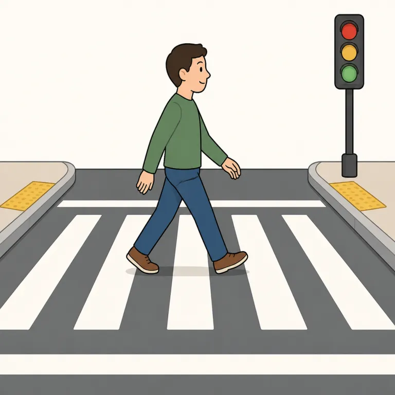 crossing（横断歩道・名詞）の覚え方イラスト — 横断歩道の意味では、歩行者が実際に立ち止まり、車が止まる場所を思い浮かべると定着します