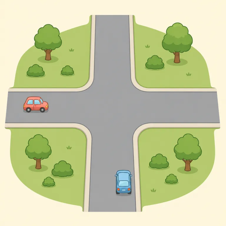 crossroad（交差点・名詞）の覚え方イラスト — crossroad は cross（横切る・交差する）+ road（道）で、そのまま「道が交わる場所」と見れば覚えやすいです