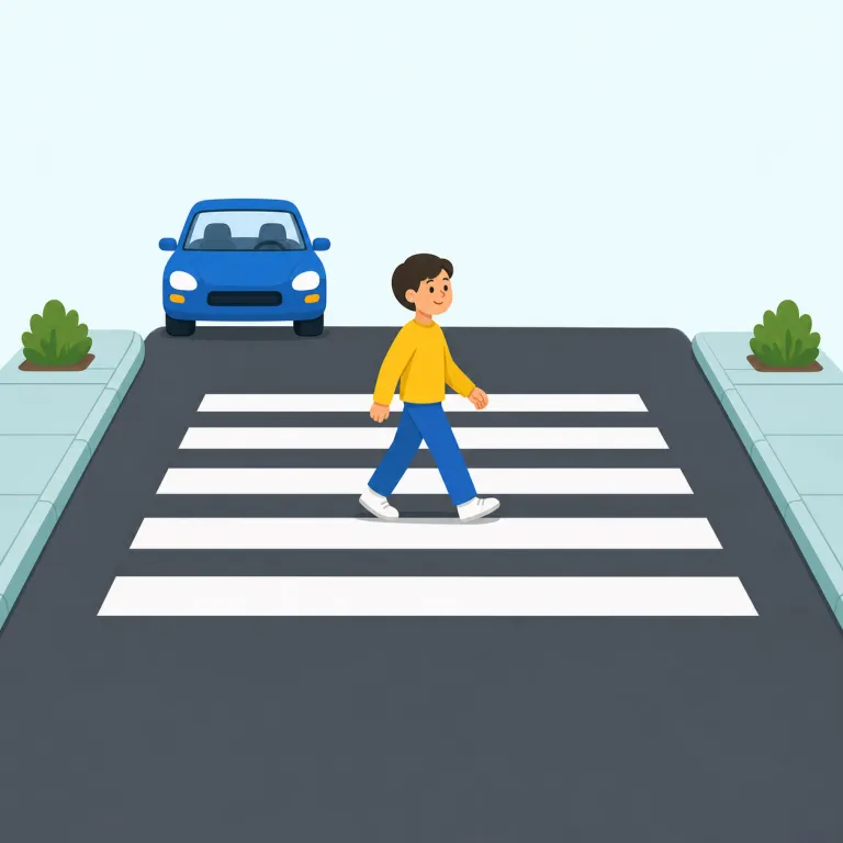 crosswalk（横断歩道・名詞）の覚え方イラスト — crosswalk は cross「横切る」と walk「歩く」をそのまま足した形なので、まず『歩いて横切る場所』と分解すると覚えやすいです