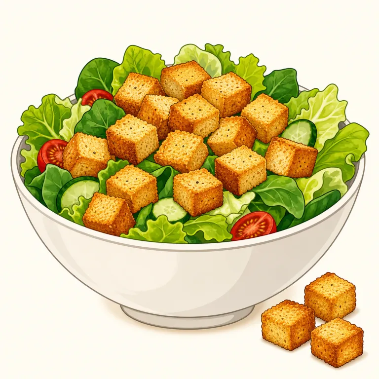 crouton（クルトン・名詞）の覚え方イラスト — 日本語の「クルトン」とほぼ同じなので、まず音で結びつけるのが最短です