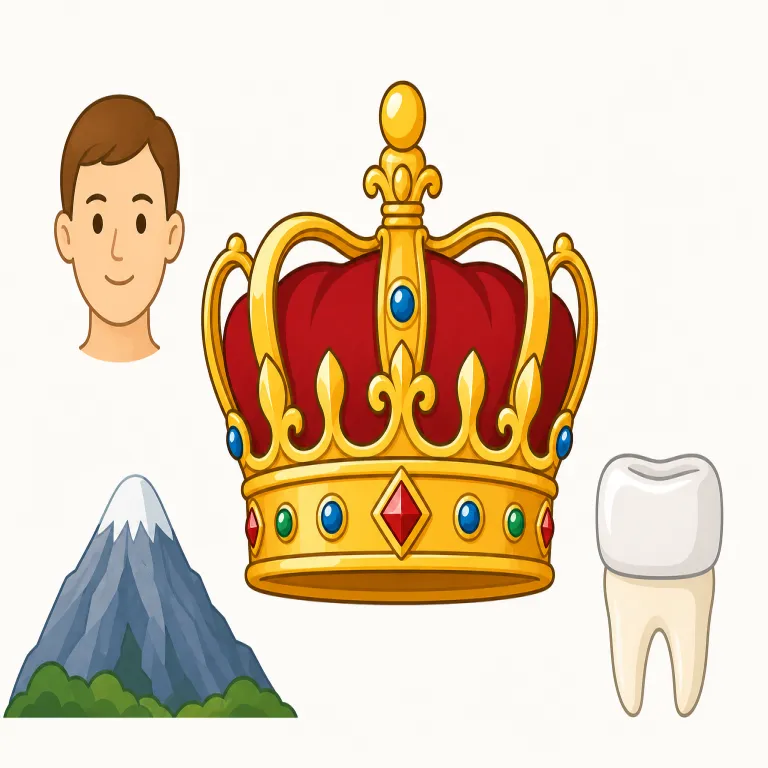 crown（王冠、頭頂部、頂上、歯のかぶせ物・名詞）の覚え方イラスト — まず基本像を「王や女王が頭のいちばん上にのせる crown」で固定すると覚えやすいです
