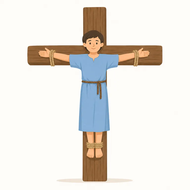 crucify（十字架にかける・動詞）の覚え方イラスト — crucify の cruci- は cross「十字架」と結びつけて覚えると、本義が見えやすくなります
