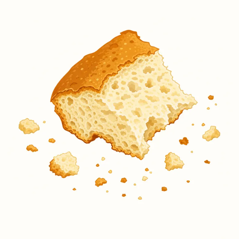 crumb（パンくず、食べ物のくず、少量・名詞）の覚え方イラスト — パンを割ったあと、指先でつまめるほどの小さな粒だけを crumb と見る