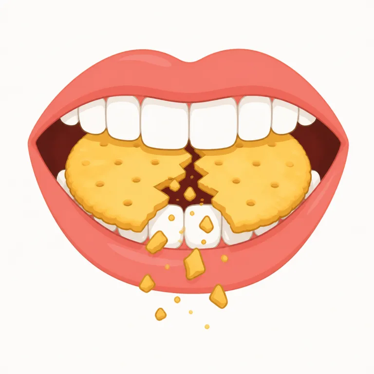 crunch（バリバリとかみ砕く・動詞）の覚え方イラスト — 口の中で硬い物が割れる動きを思い浮かべます