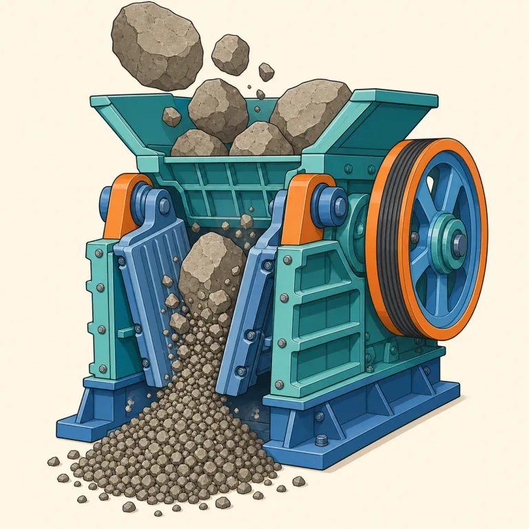 crusher（破砕機・名詞）の覚え方イラスト — まず crush「押しつぶす・砕く」を確実に思い出すと入りやすい語です