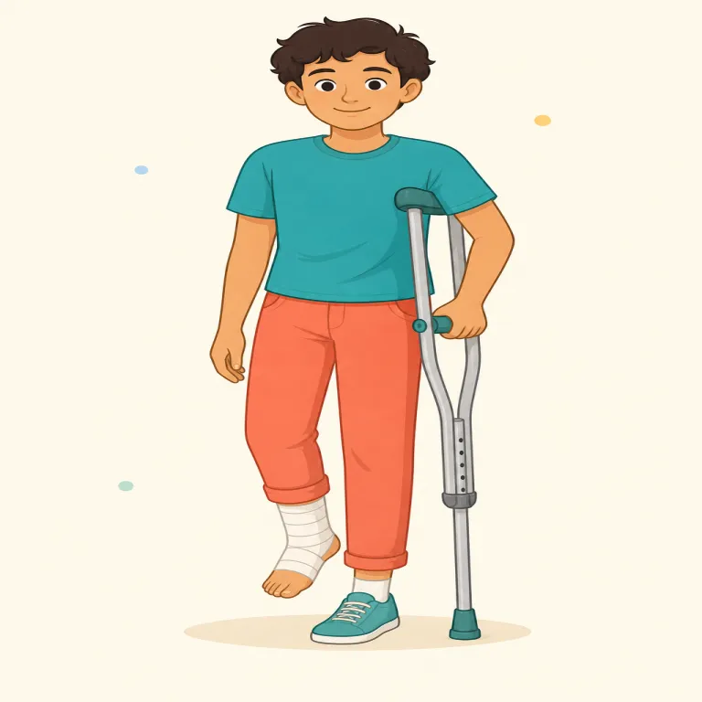 crutch（松葉杖、支え・名詞）の覚え方イラスト — まず具体的な場面として、けが人が体重を預けて歩く「松葉杖」を思い浮かべると核がぶれません