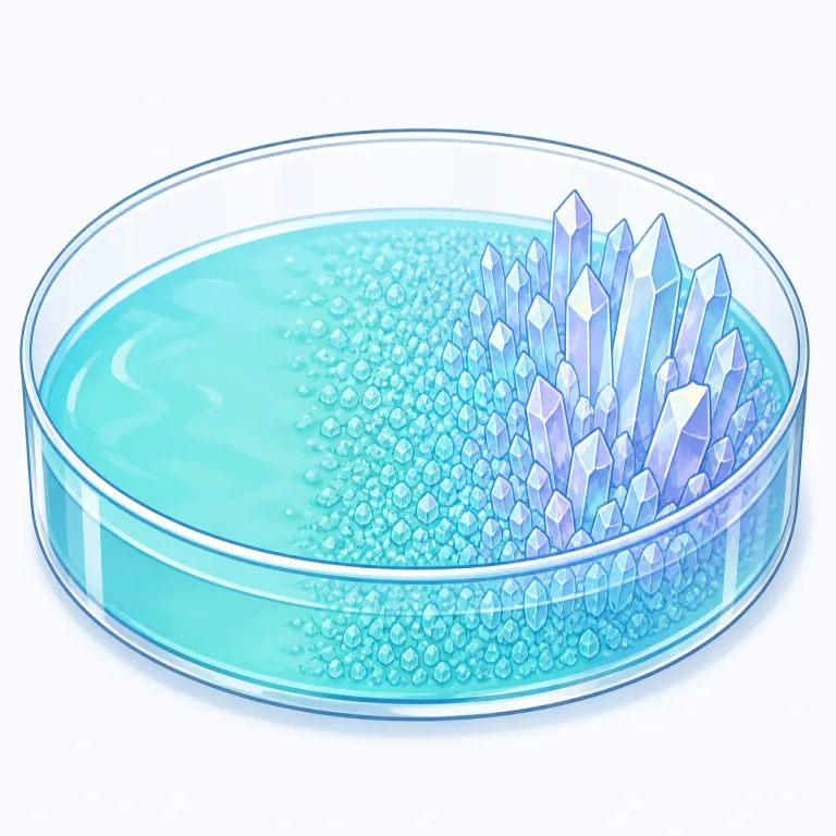 crystallizing（結晶化している・動詞）の覚え方イラスト — crystal（水晶・結晶）が見えていれば、「ぼんやりしたものが透明で硬い形になっていく」と連想すると残りやすい語