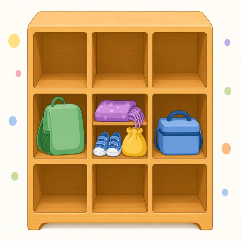cubby（小さな収納スペース・名詞）の覚え方イラスト — cubby は「大きな収納」ではなく、学校や家の中にある、ひとり分の小さな区切りスペースを思い浮かべると定着しやすい語です