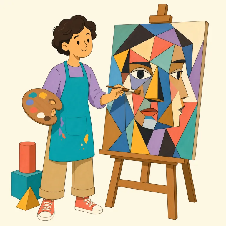 cubist（キュビスト、立体派画家・名詞）の覚え方イラスト — -ist は「〜をする人・〜派の人」を作る語尾なので、cubist はまず「キュビズムの側に立つ人」と押さえる