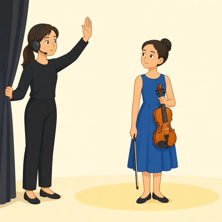 cue（合図・名詞）の覚え方イラスト — この cue は、舞台・映画・演奏などで「今始める」と知らせる具体的な合図として覚えるとよいです