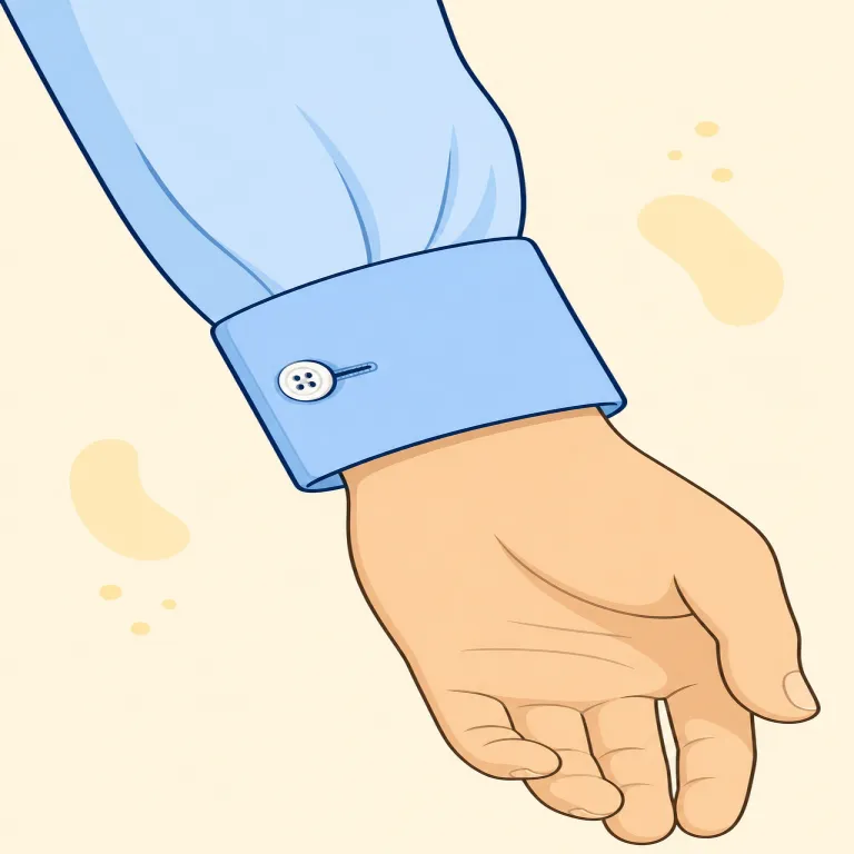 cuff（袖口・名詞）の覚え方イラスト — cuff はシャツやコートの「袖口」で、手首に触れる部分を指す