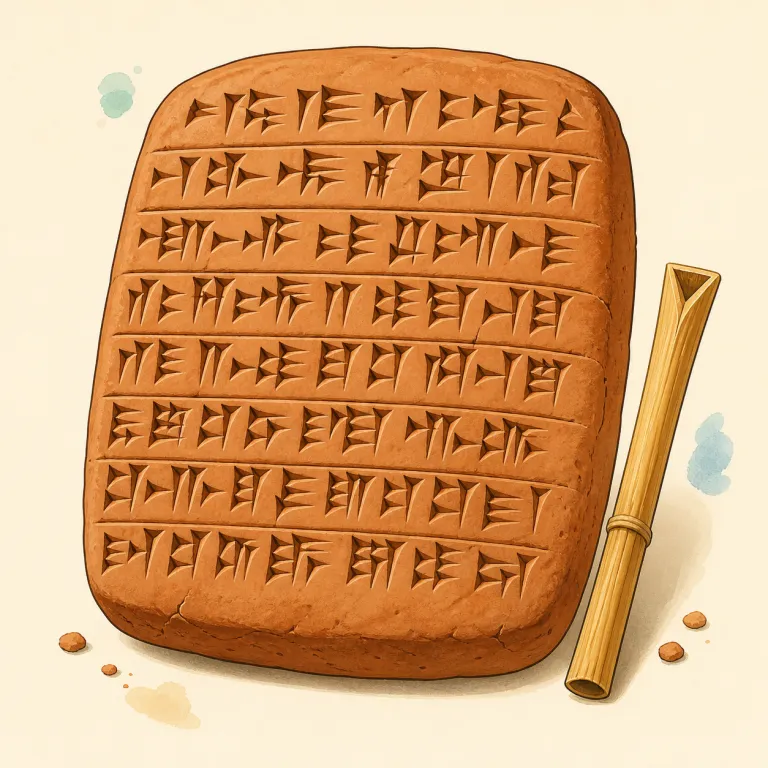 cuneiform（くさび形文字・名詞）の覚え方イラスト — cuneiform はラテン語 cuneus「くさび」に由来し、粘土板にくさび形の刻みを押して作った古代メソポタミアの文字を指します