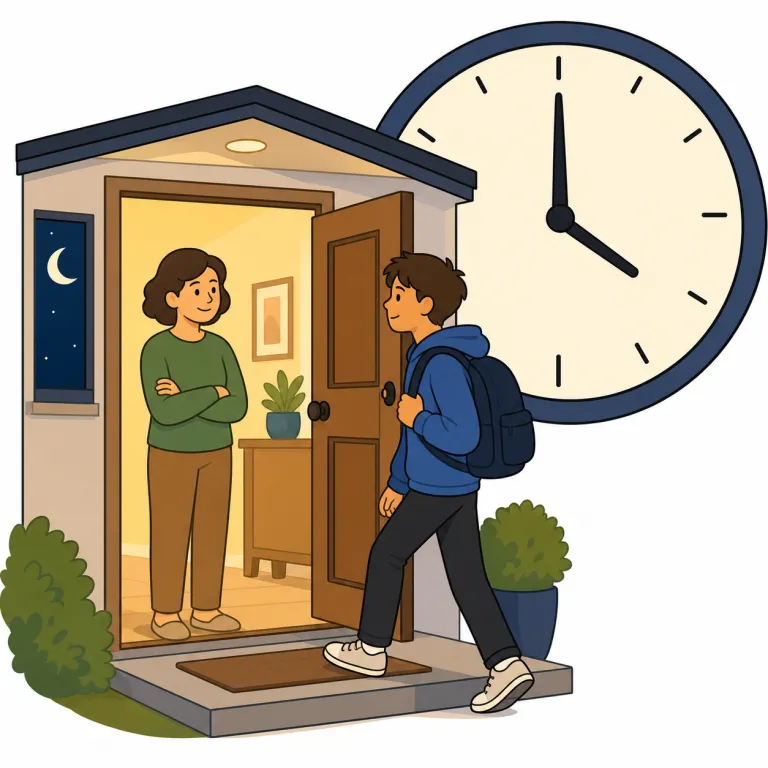 curfew（外出禁止令・名詞）の覚え方イラスト — ニュースで curfew が出たら、個人の帰宅時刻ではなく「当局が街の動きを止める命令」と読めるか確認しましょう
