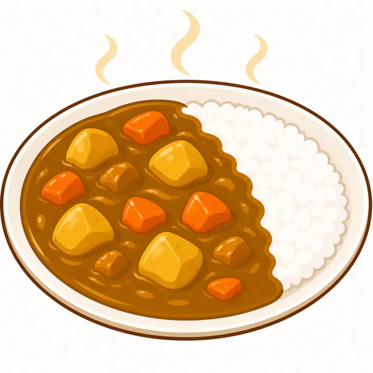 curry（カレー・名詞）の覚え方イラスト — curry は日本語の「カレー」とほぼ同じ感覚で覚えてよい単語ですが、英語では Indian curry, Thai curry, curry powder のように料理の種類や材料と強く…