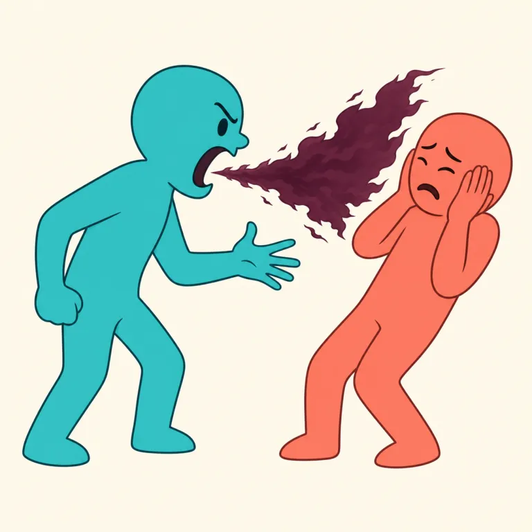 cuss（悪口を言う・動詞）の覚え方イラスト — cuss は口語的な動詞で、怒って「悪口を言う」「汚い言葉を吐く」という意味