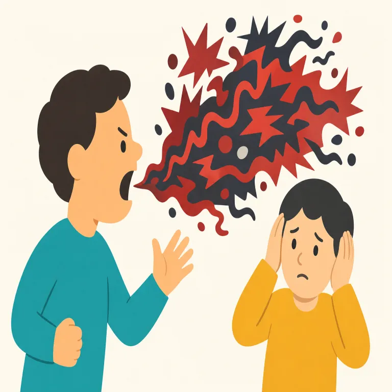cussing（悪態をつくこと・名詞）の覚え方イラスト — cuss は curse より砕けた口語で、「汚い言葉を口にする」場面を思い浮かべると残りやすい