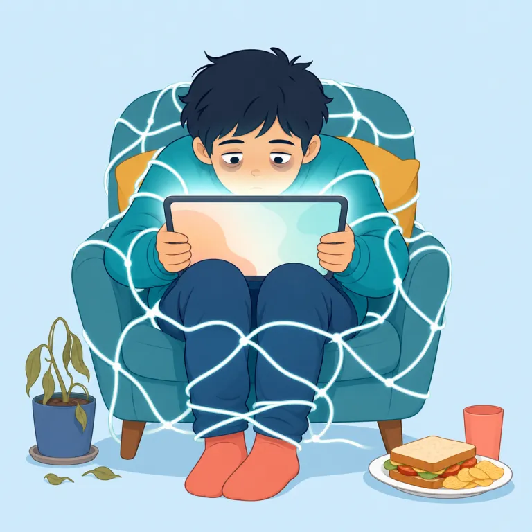 cyberaddict（ネット依存者・名詞）の覚え方イラスト — cyber- を「ネット上の」、addict を「依存者」と分ければ意味をそのまま組み立てられます