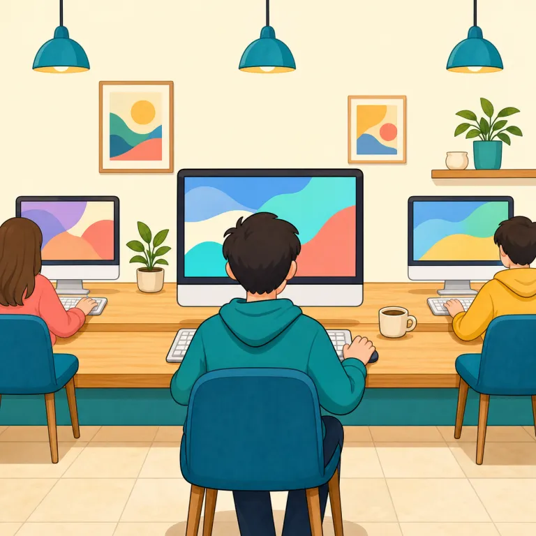 cybercafe（ネットカフェ・名詞）の覚え方イラスト — cyber-「ネット関連の」と cafe「カフェ」を合わせた、意味の見えやすい語です
