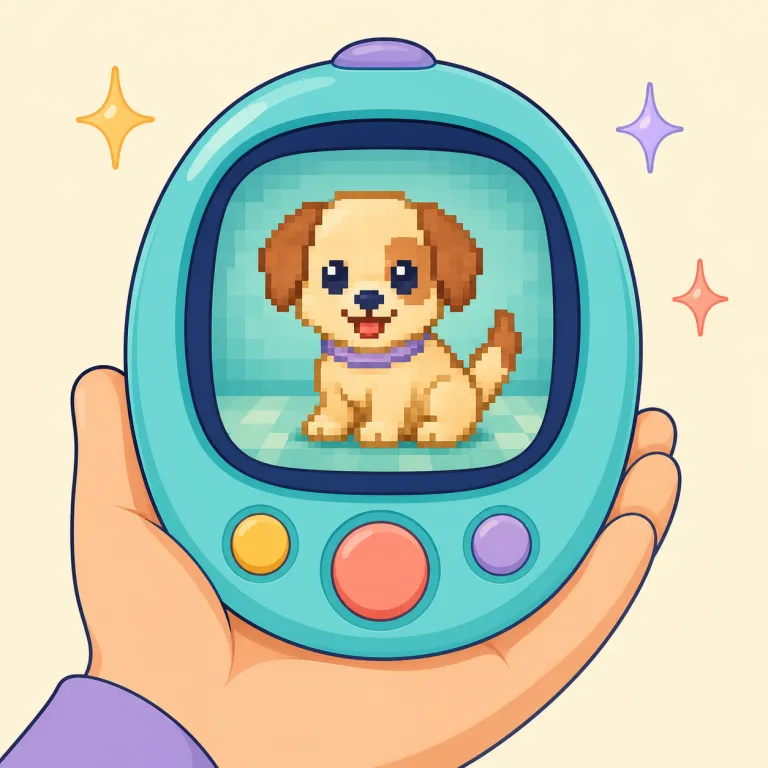 cyberpet（電子ペット・名詞）の覚え方イラスト — cyber-「電子的・仮想の」と pet「ペット」の組み合わせなので、画面の中で暮らす動物を想像すると覚えやすいです