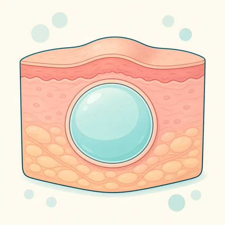 cyst（嚢胞・名詞）の覚え方イラスト — cyst は体内や皮膚に生じる袋状の「嚢胞」