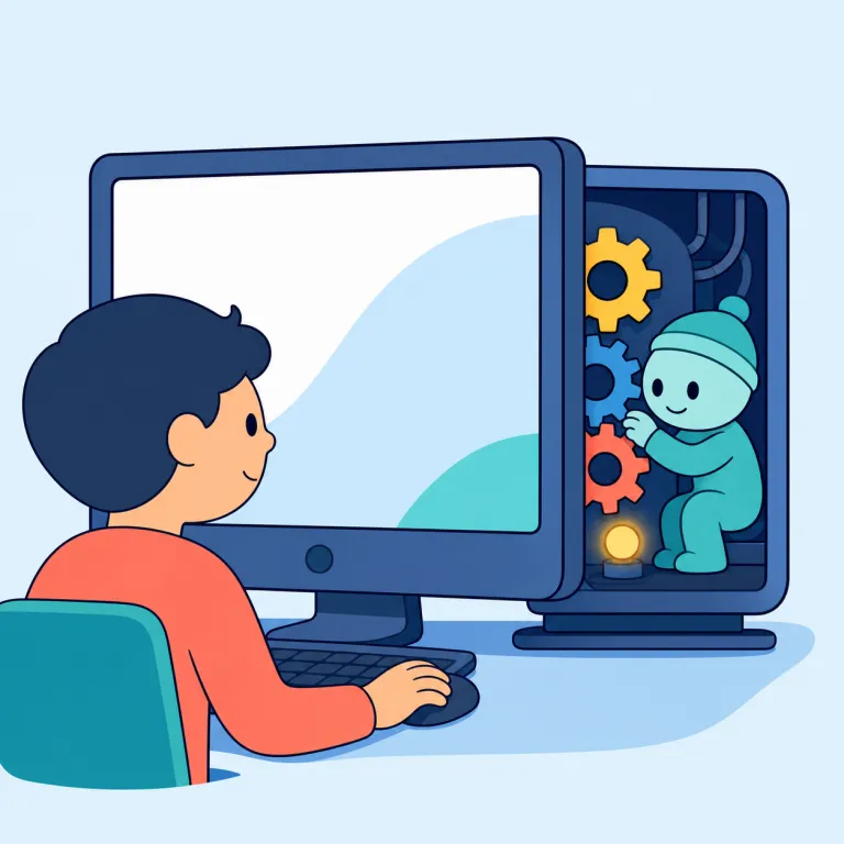 daemon（デーモン・名詞）の覚え方イラスト — 「demon」に見えるので混同しやすいですが、コンピュータ文脈の `daemon` は“画面に出ず裏方で働き続ける常駐プロセス”として覚えると定着します