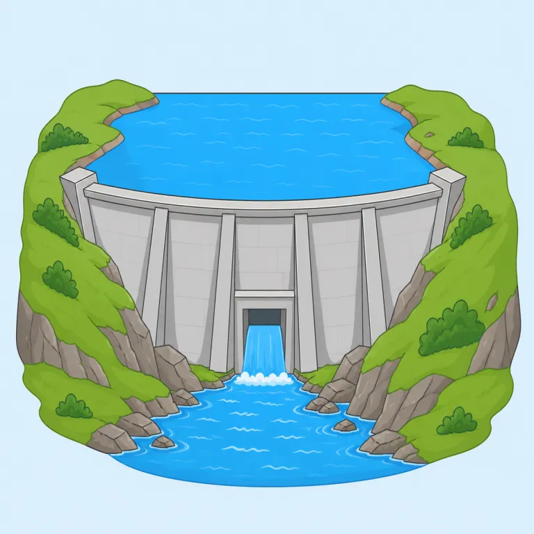 dam（ダム・名詞）の覚え方イラスト — 名詞の dam は、日本語の「ダム」と同じく、川の流れを受け止める壁や堤を指します