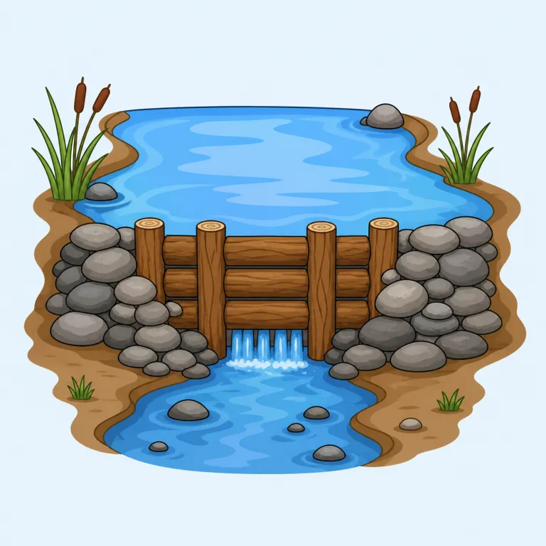 damming（堰き止める・動詞）の覚え方イラスト — まず基礎語の dam「ダム・せき」を確実に押さえると覚えやすいです