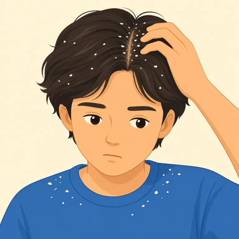 dandruff（フケ・名詞）の覚え方イラスト — 単独で丸暗記するより、典型場面で覚えると残りやすい語です